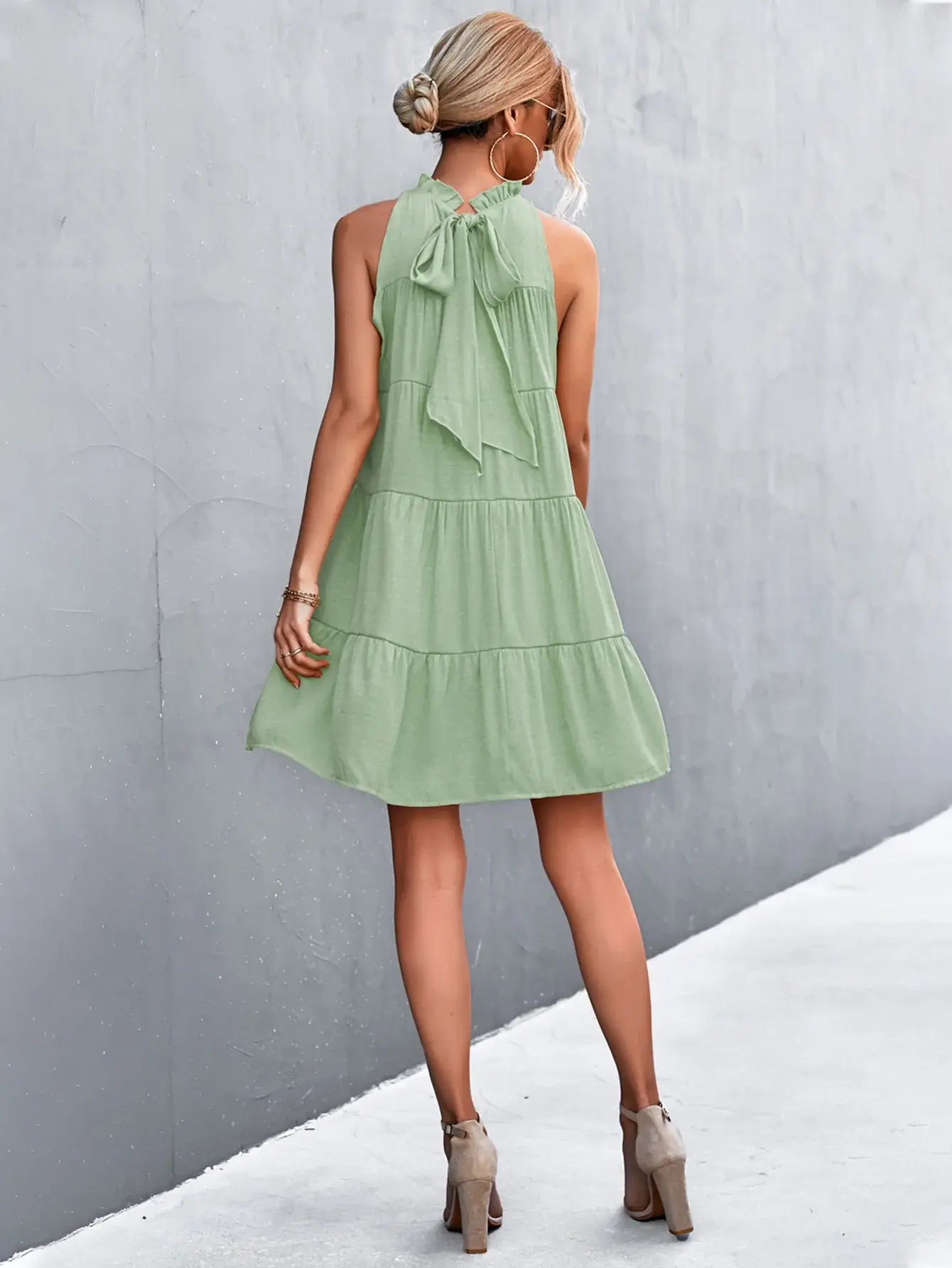 Tie Back Mock Neck Tiered Dress - Trendsi - Flyclothing LLC