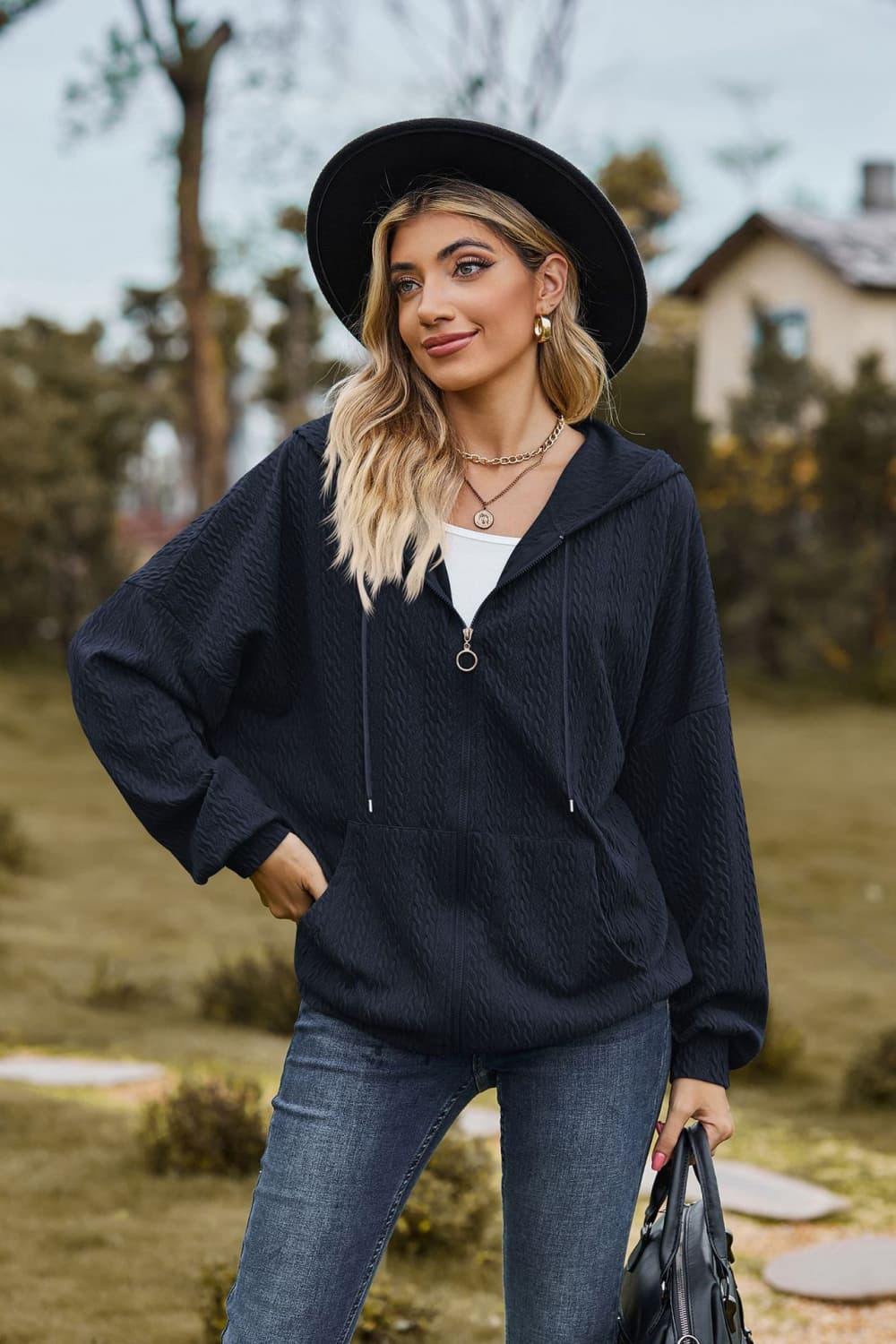 Cable-Knit Long Sleeve Hooded Jacket - Trendsi
