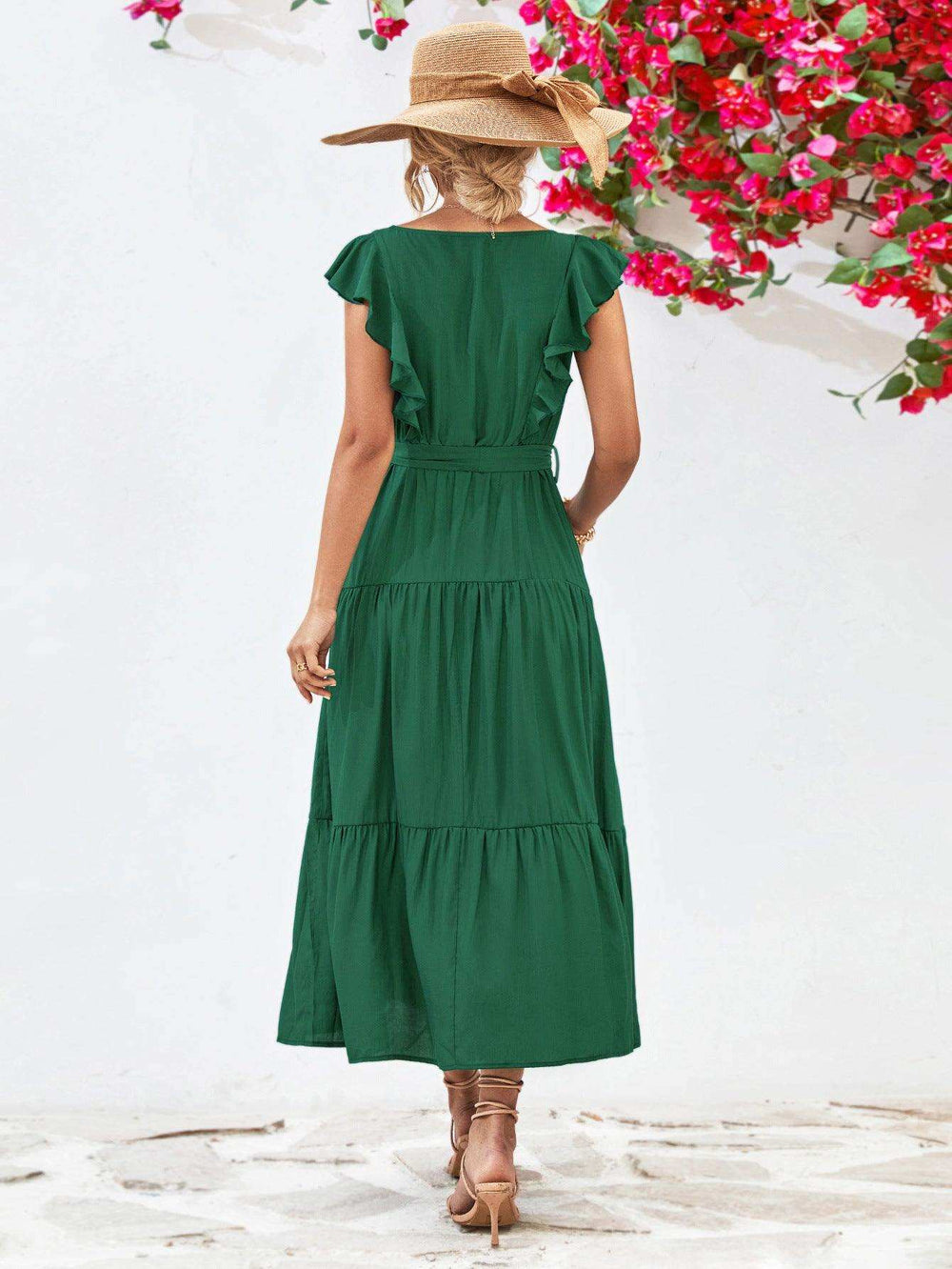 Tie Belt Ruffled Tiered Dress - Trendsi - Flyclothing LLC