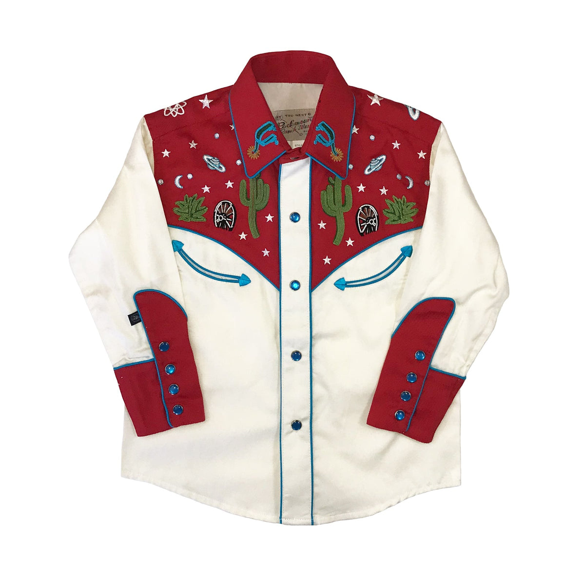 Rockmount Clothing Kid's Red Vintage Cactus & Stars Chain Stitch Embroidery Western Shirt
