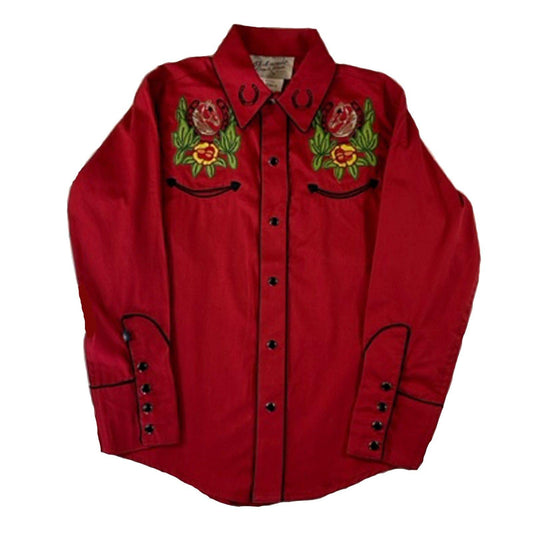 Rockmount Clothing Kid's Vintage Horse Head & Floral Embroidered Western Shirt in Coral - Rockmount Clothing
