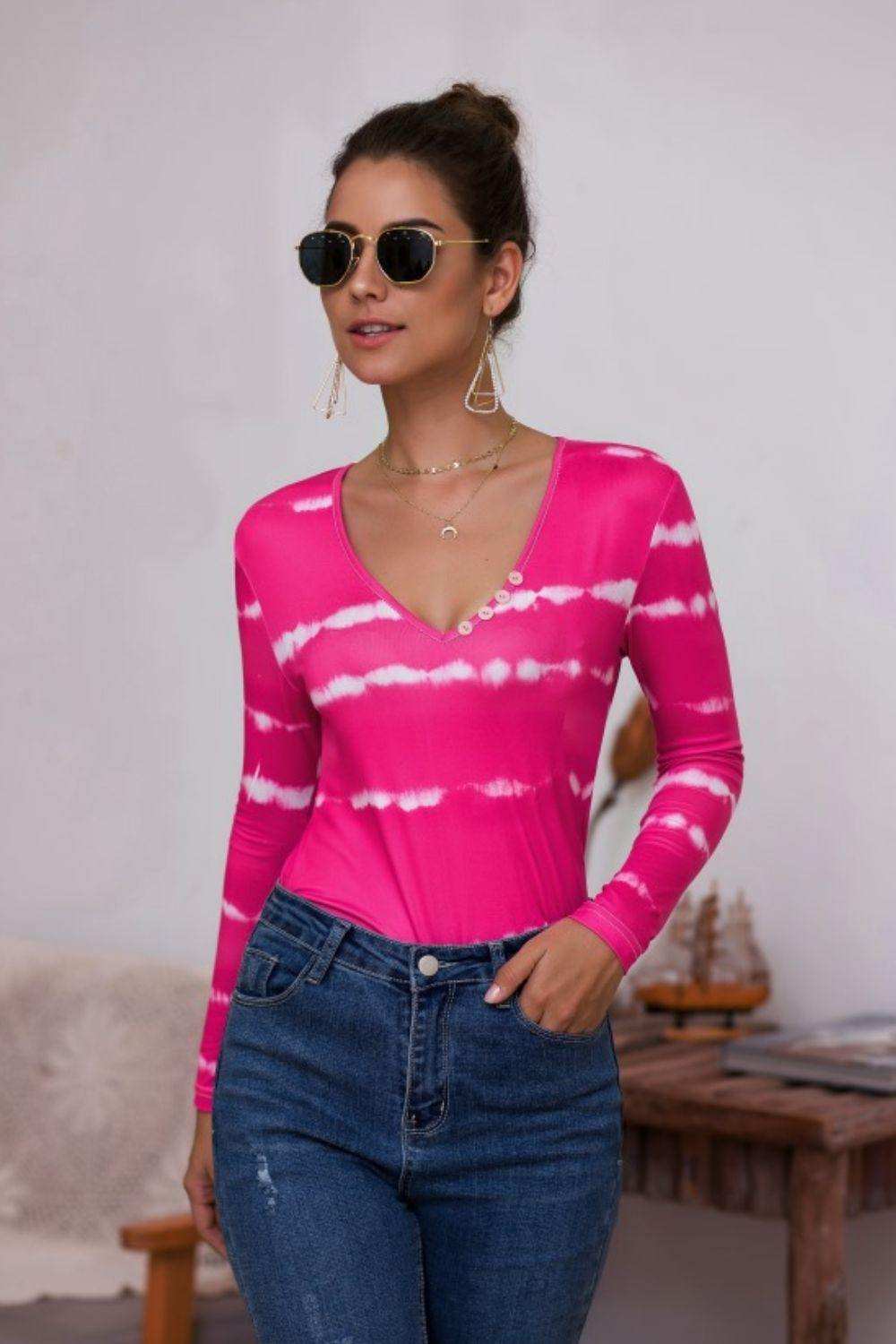 Tie-Dye Plunge Long Sleeve Top - Trendsi - Flyclothing LLC