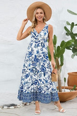 Printed V-Neck Wide Strap Dress - Trendsi