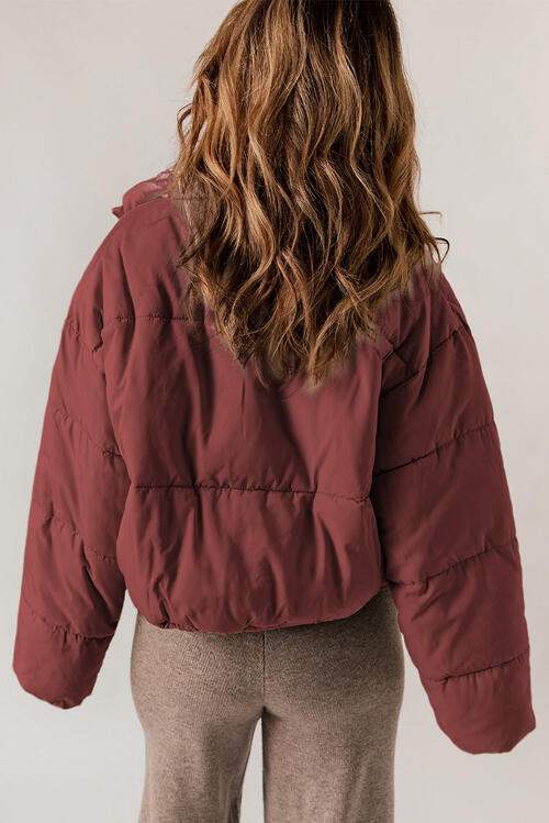 Zip Up Collared Neck Long Sleeve Winter Coat - Trendsi - Flyclothing LLC