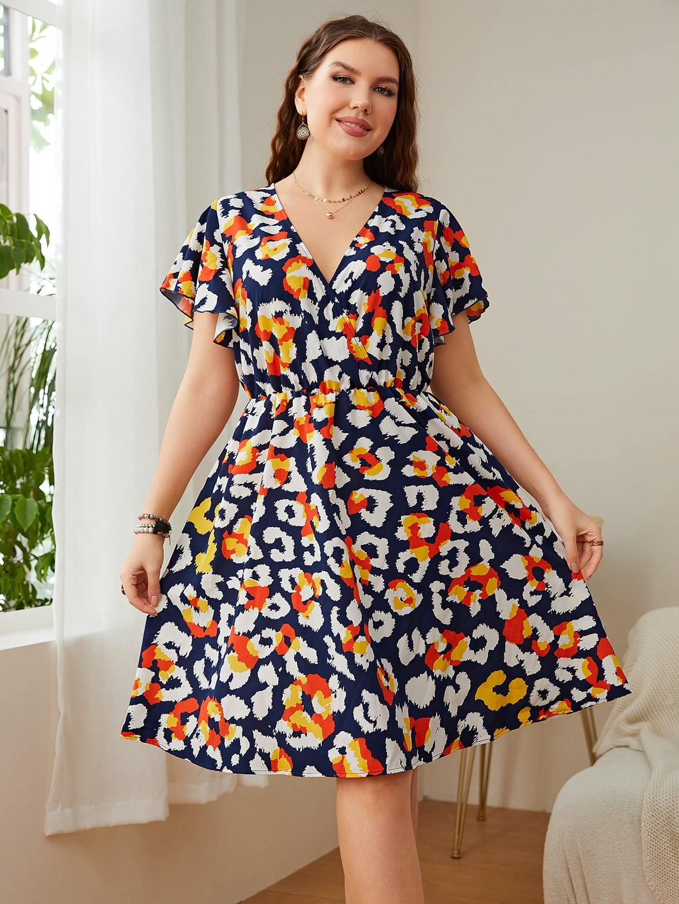 Plus Size Leopard Surplice Neck Flutter Sleeve Dress - Trendsi