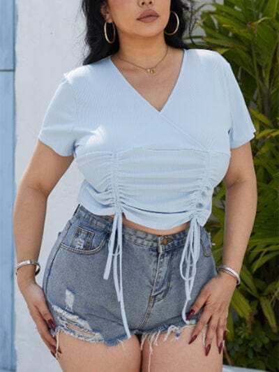 Plus Size Ruched Surplice Short Sleeve Blouse - Trendsi - Flyclothing LLC