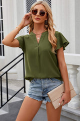 Notched Cap Sleeve T-Shirt - Trendsi - Flyclothing LLC