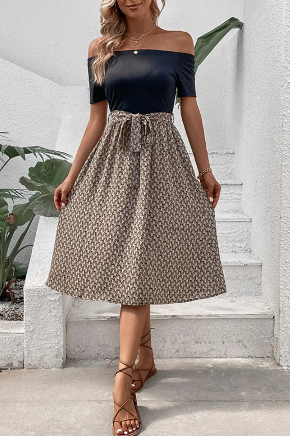 Printed Tie Belt Off-Shoulder Dress - Trendsi - Flyclothing LLC
