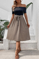 Printed Tie Belt Off-Shoulder Dress - Trendsi - Flyclothing LLC