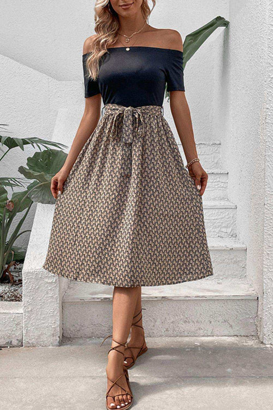 Printed Tie Belt Off-Shoulder Dress - Trendsi - Flyclothing LLC