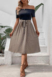Printed Tie Belt Off-Shoulder Dress - Trendsi - Flyclothing LLC