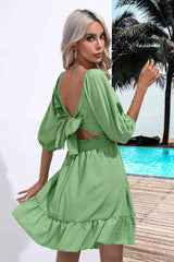 Square Neck Tie Back Ruffle Hem Dress - Flyclothing LLC