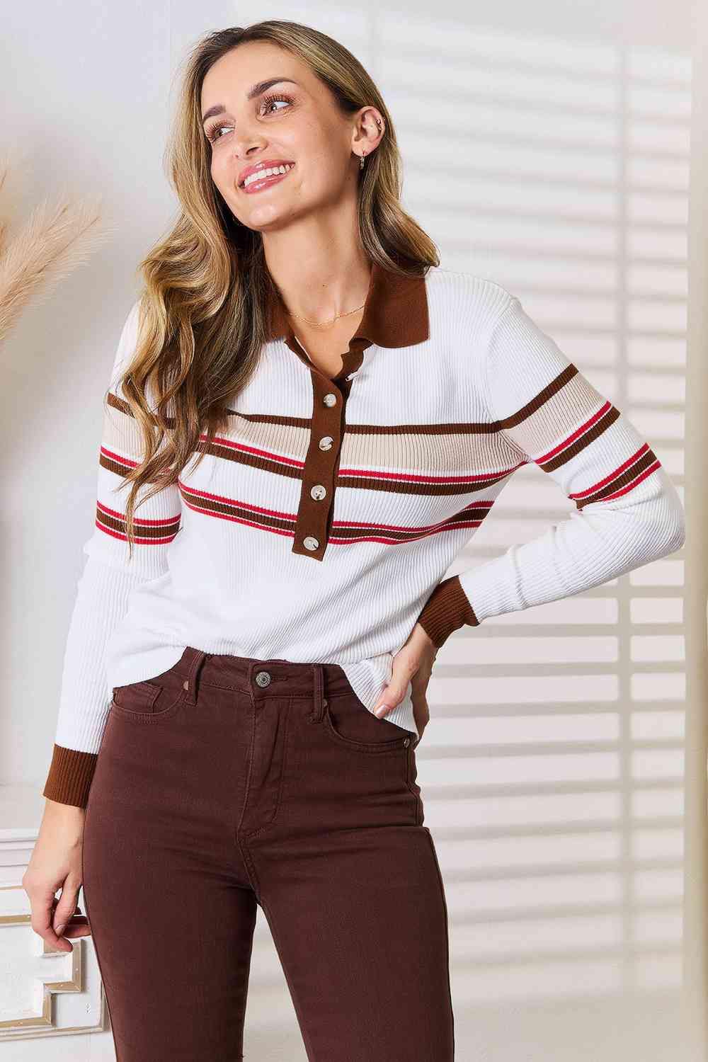 Basic Bae Striped Collared Neck Rib-Knit Top - Trendsi