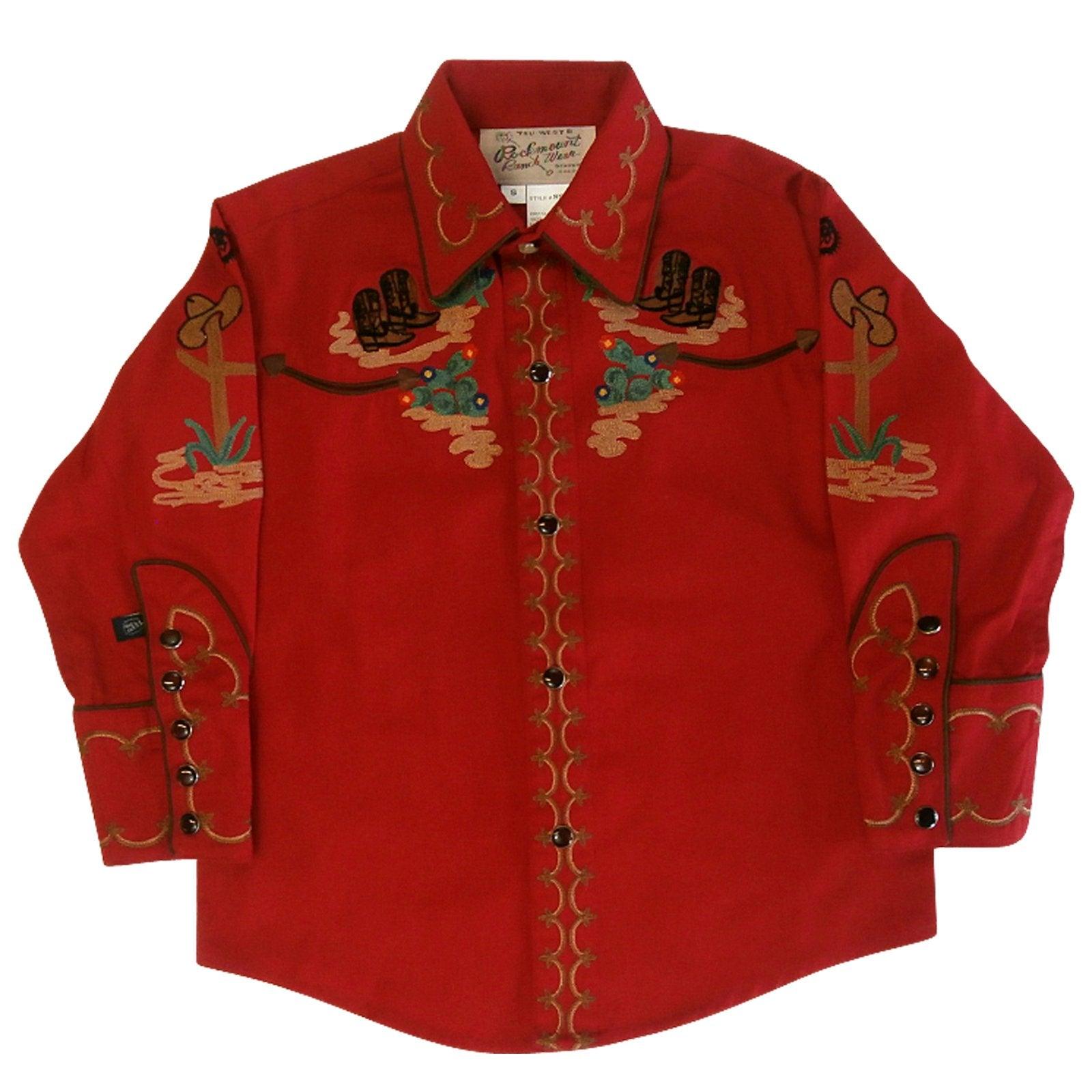 Rockmount Clothing Kids Cactus Cowboy Boots Embroidered Western Shirt In Red - Flyclothing LLC