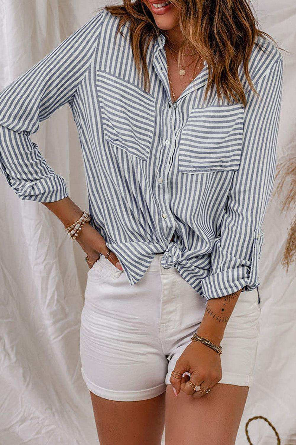 Striped Button-Up Roll-Tab Sleeve Shirt - Trendsi - Flyclothing LLC