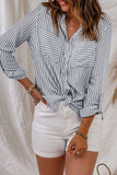 Striped Button-Up Roll-Tab Sleeve Shirt - Trendsi
