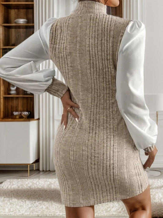 Ribbed Contrast Long Sleeve Sweater Dress - Trendsi