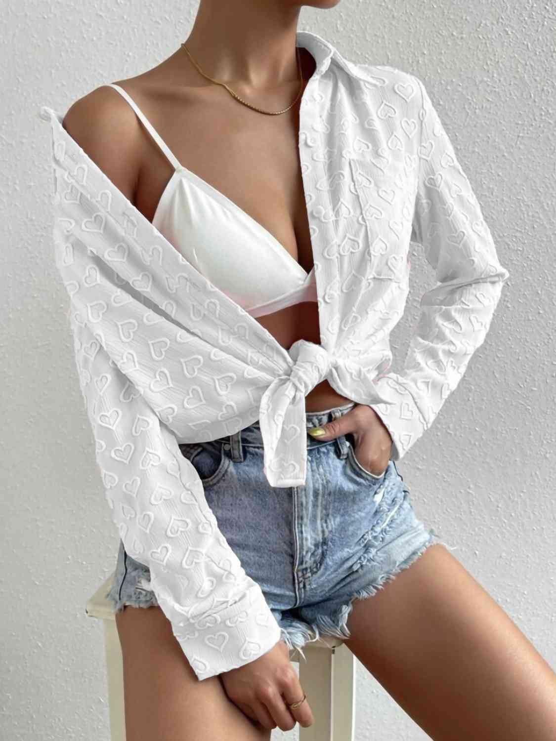 Heart Collared Neck Button Down Shirt - Trendsi