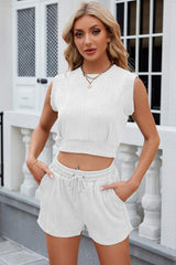 Round Neck Top and Drawstring Shorts Set - Trendsi - Flyclothing LLC