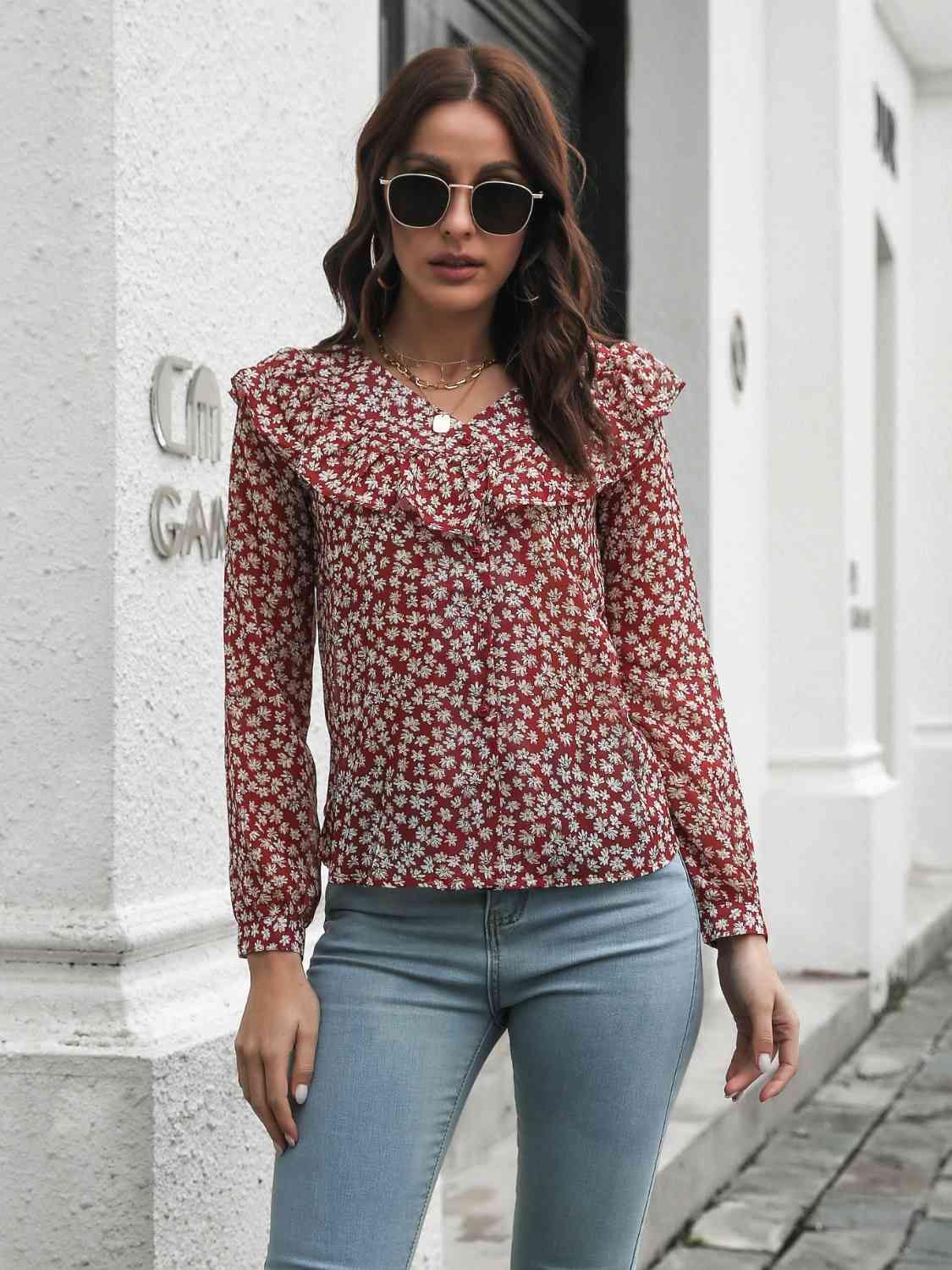 Printed Statement Collar Long Sleeve Blouse - Trendsi