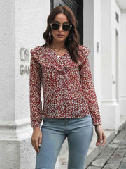 Printed Statement Collar Long Sleeve Blouse - Trendsi
