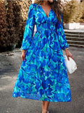 Printed V-Neck Long Sleeve Midi Dress - Trendsi - Flyclothing LLC