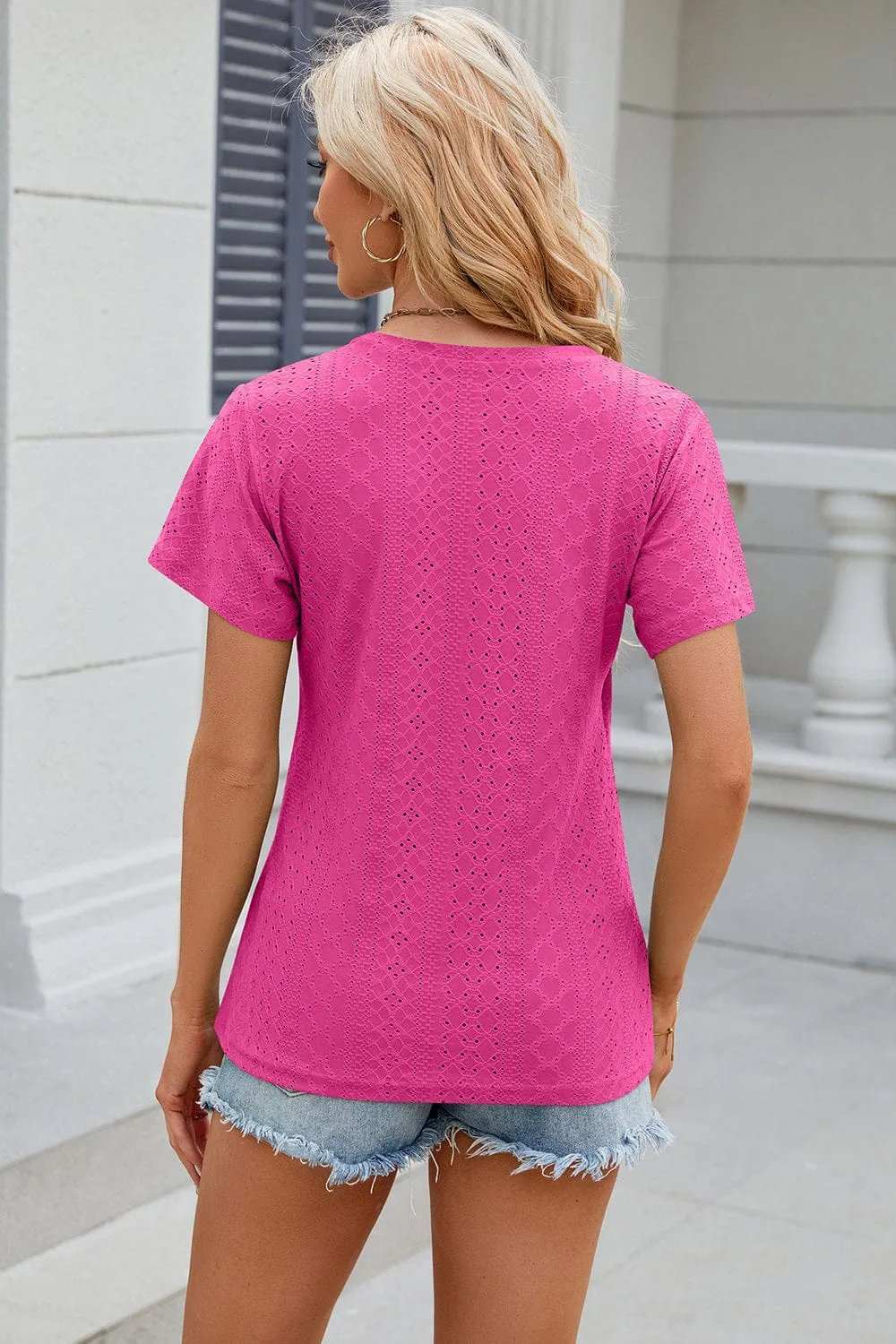 Eyelet Surplice Short Sleeve T-Shirt - Trendsi - Flyclothing LLC
