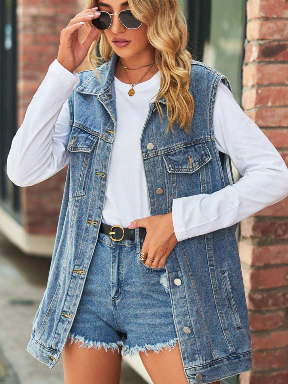 Collared Neck Sleeveless Denim Top with Pockets - Trendsi - Flyclothing LLC
