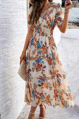 Smocked Floral V-Neck Short Sleeve Dress - Trendsi - Flyclothing LLC