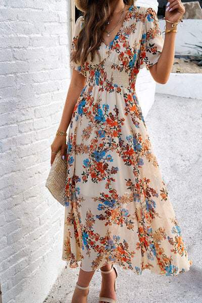 Smocked Floral V-Neck Short Sleeve Dress - Trendsi - Flyclothing LLC