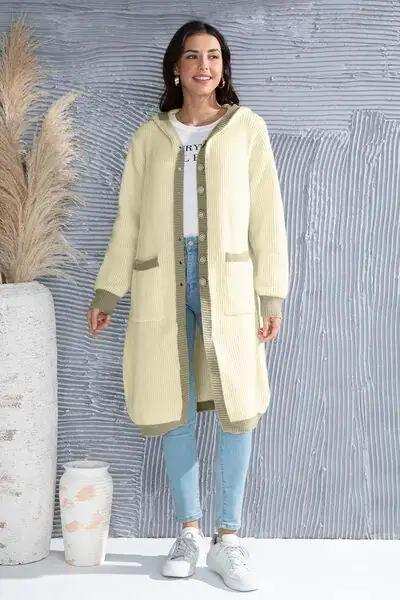 Button Up Contrast Trim Hooded Cardigan - Trendsi - Flyclothing LLC