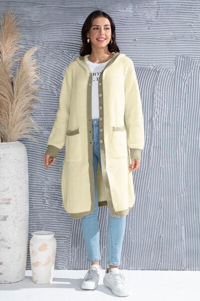 Button Up Contrast Trim Hooded Cardigan - Trendsi