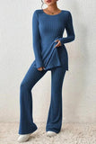 Ribbed Long Sleeve Slit Top and Bootcut Pants Set - Trendsi