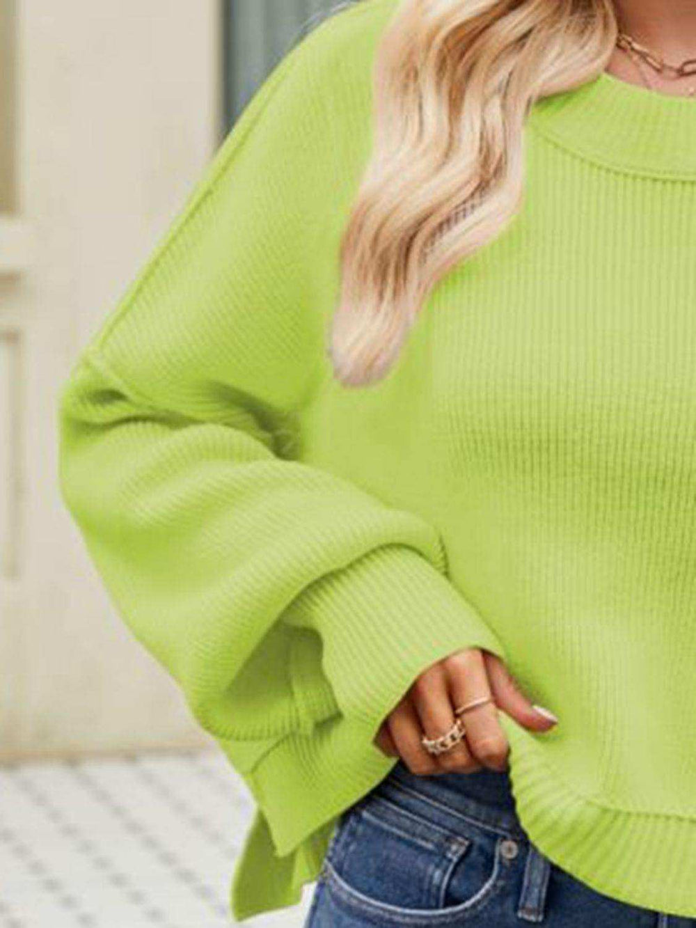 Round Neck Dropped Shoulder Sweater - Trendsi - Flyclothing LLC