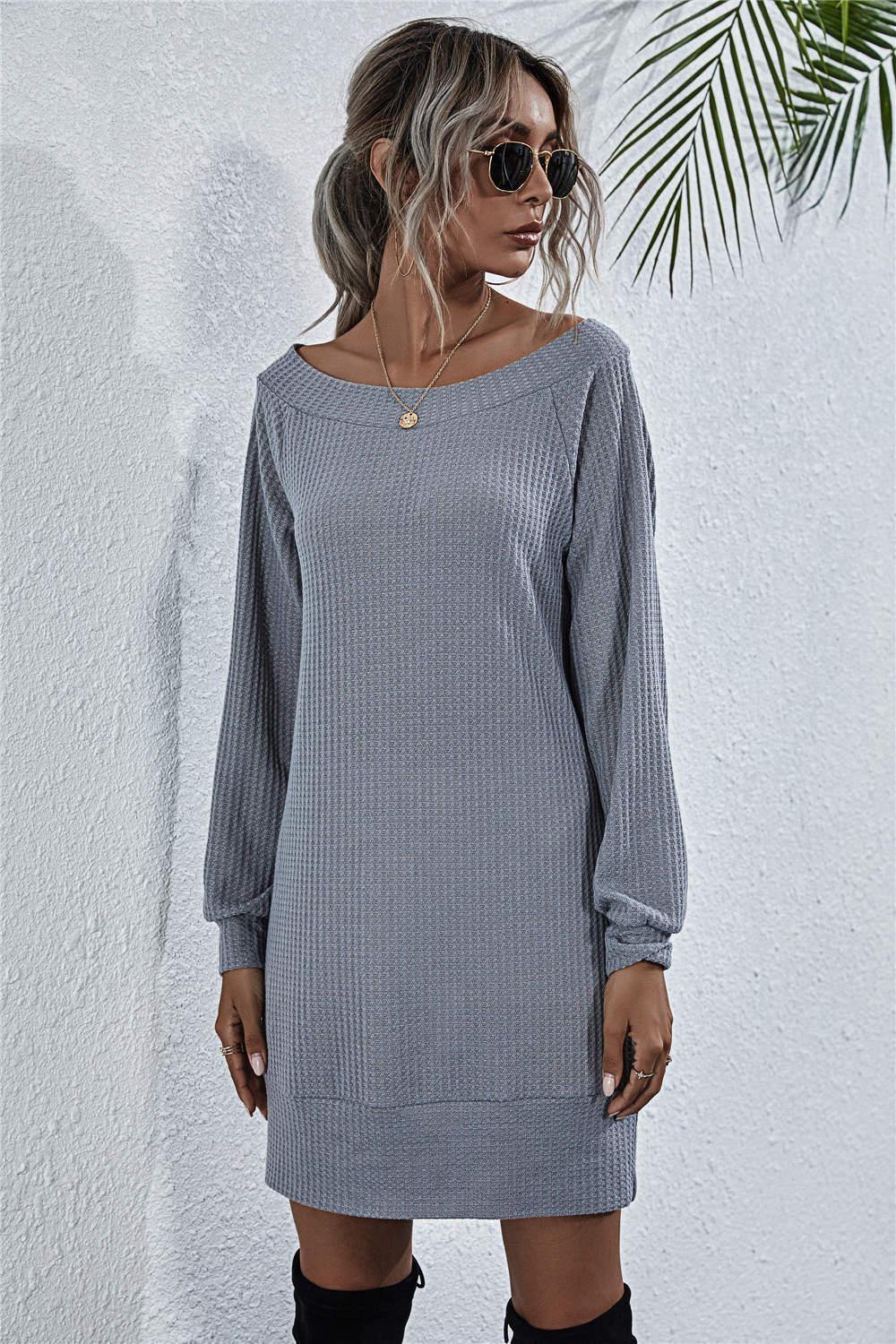 Waffle-Knit Boat Neck Mini Dress - Flyclothing LLC