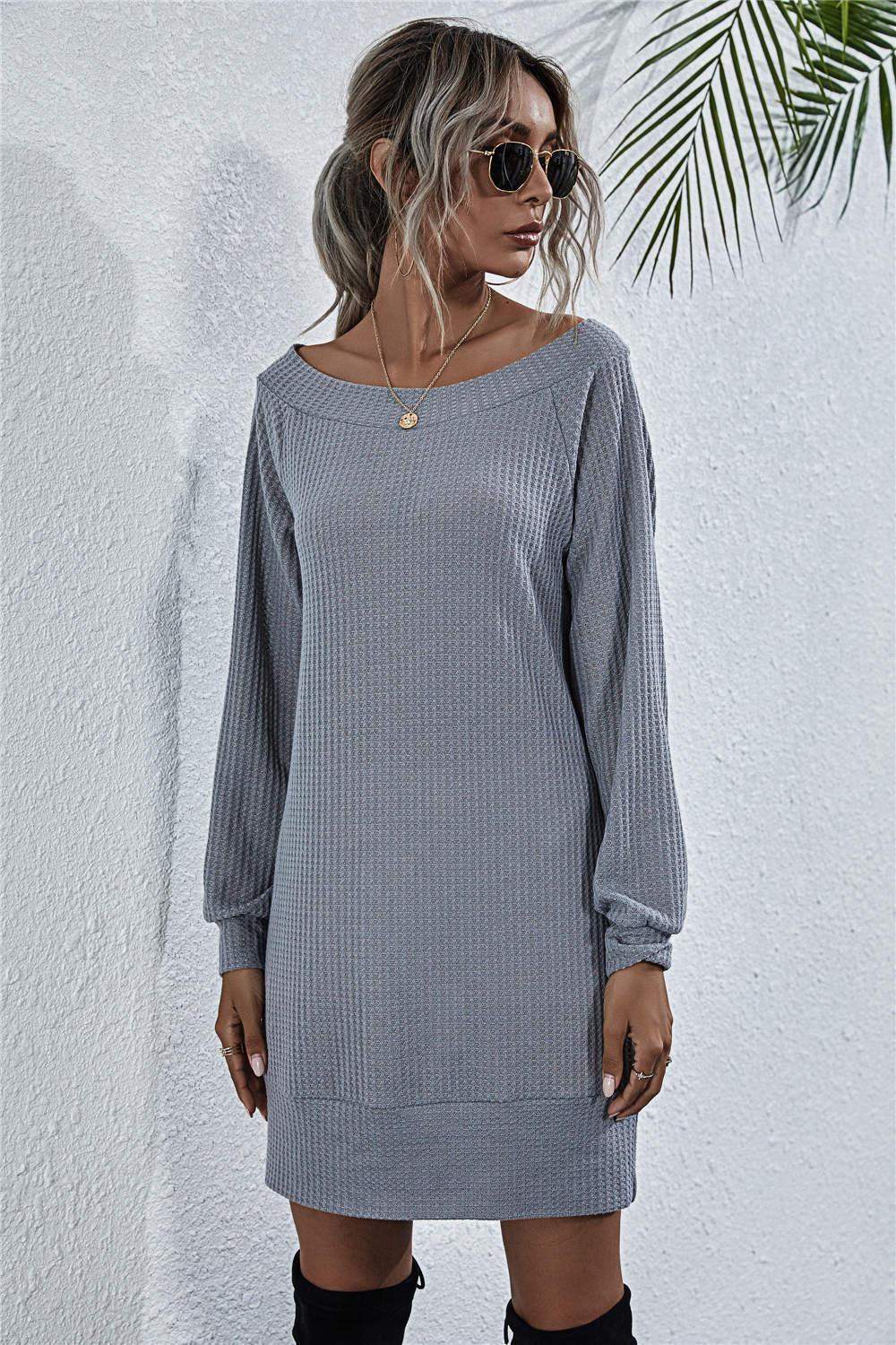 Waffle-Knit Boat Neck Mini Dress - Trendsi - Flyclothing LLC