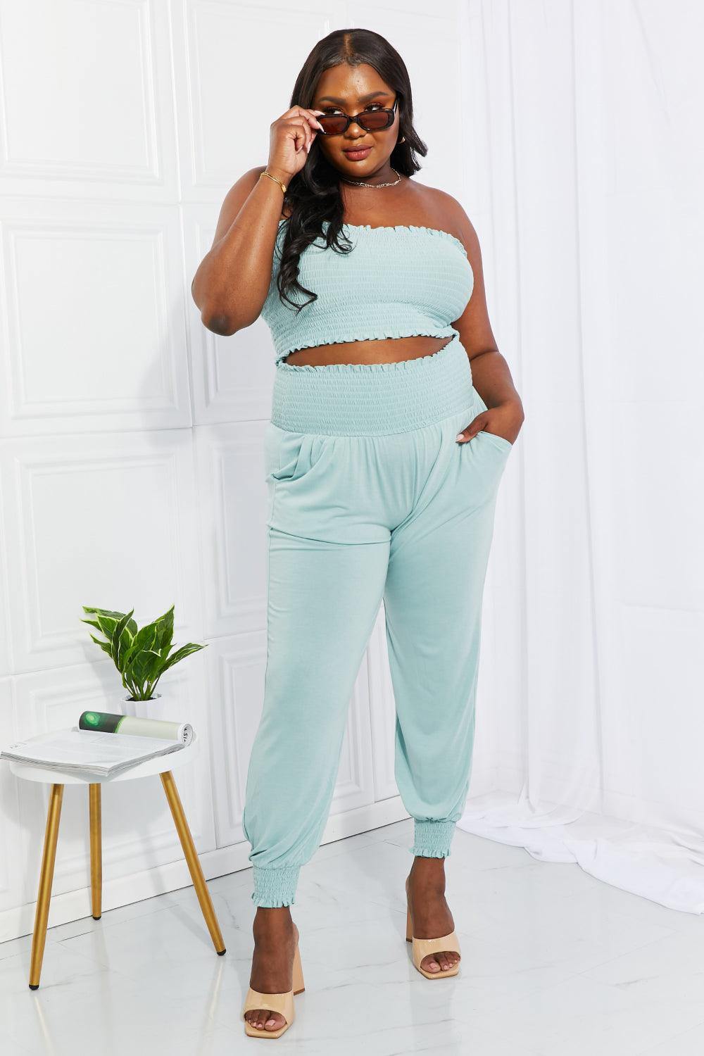 Zenana Full Size Stylish Comfort Smocked Tube Top & Joggers Set - Flyclothing LLC