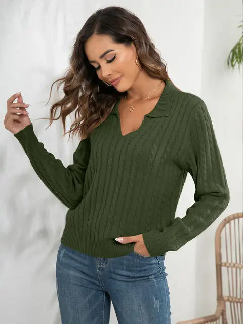 Johnny Collar Cable-Knit Long Sleeve Sweater - Trendsi - Flyclothing LLC