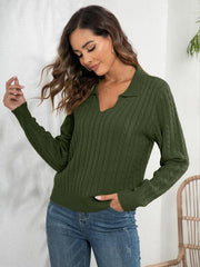 Johnny Collar Cable-Knit Long Sleeve Sweater - Trendsi