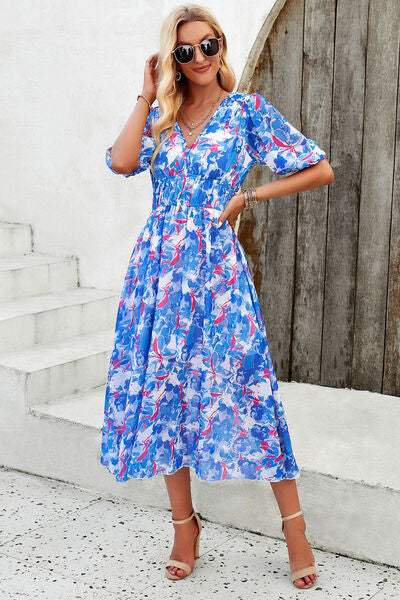 Smocked Printed V-Neck Short Sleeve Dress - Trendsi - Flyclothing LLC