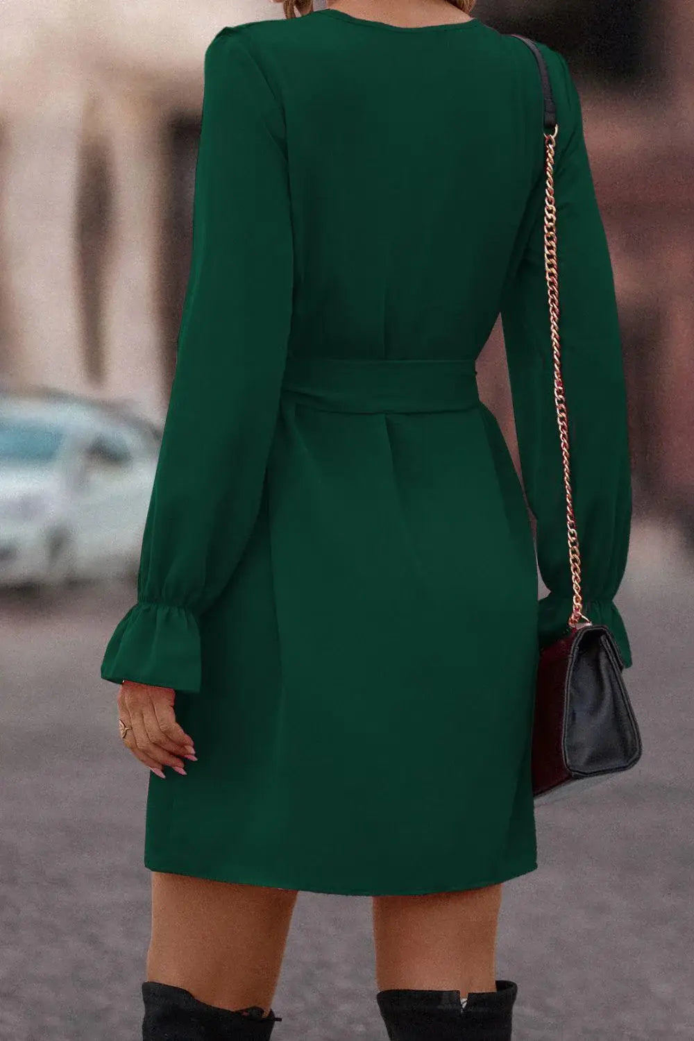 Ruffled Flounce Sleeve V-Neck Belted Dress - Trendsi - Flyclothing LLC