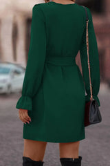 Ruffled Flounce Sleeve V-Neck Belted Dress - Trendsi - Flyclothing LLC