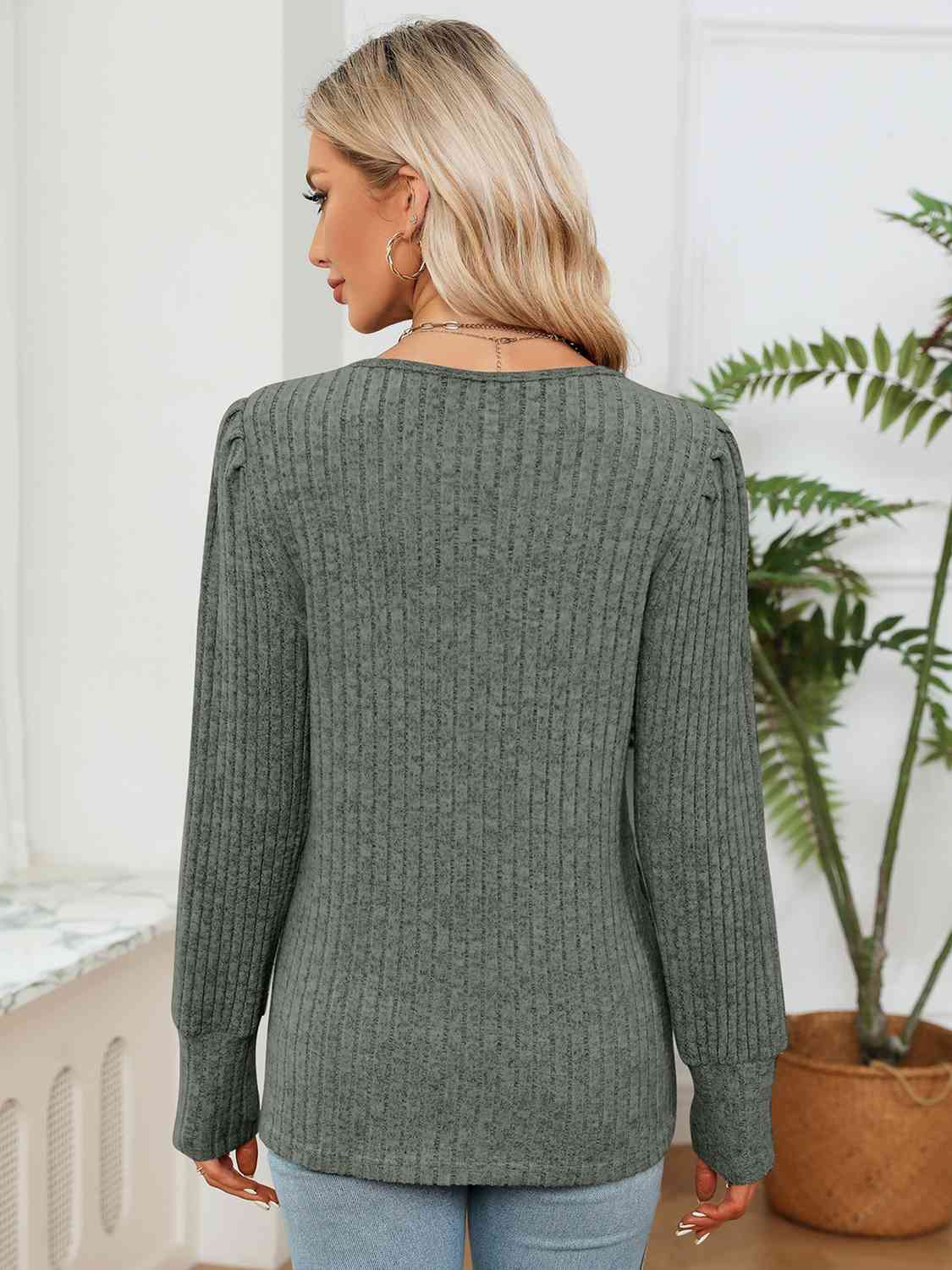 Lace Detail V-Neck Ribbed Blouse - Trendsi - Flyclothing LLC