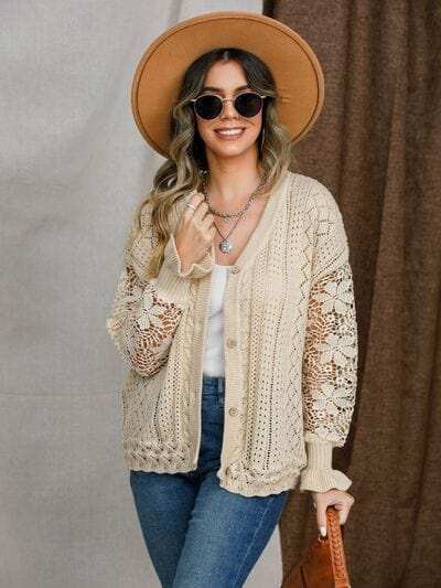 Eyelet Button Up Lantern Sleeve Cardigan - Trendsi - Flyclothing LLC