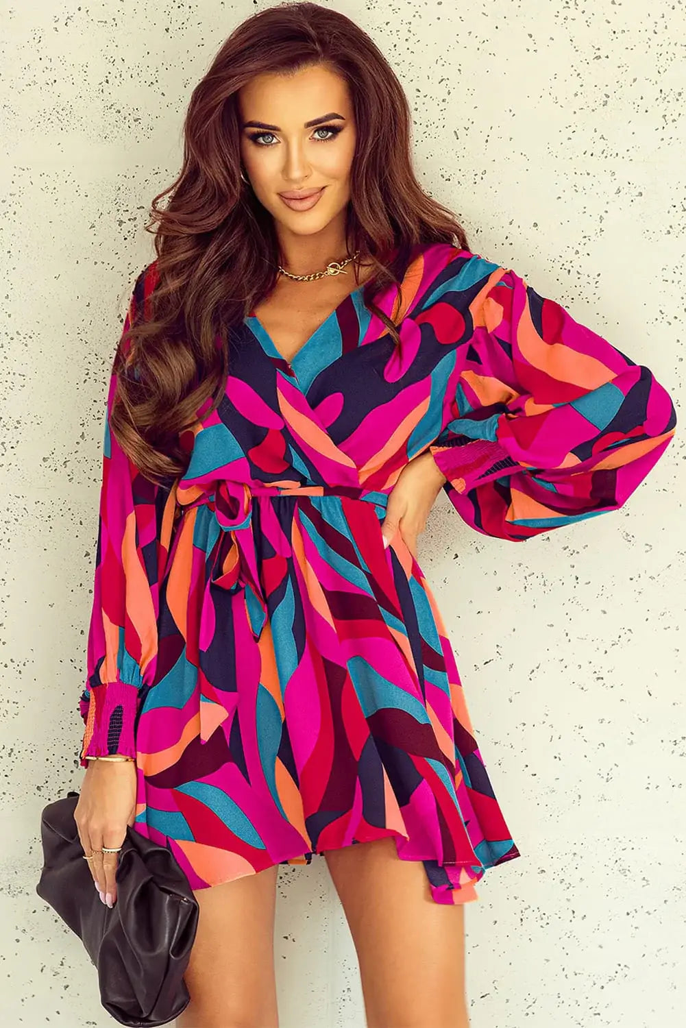 Printed Surplice Neck Tie Waist Dress - Trendsi - Flyclothing LLC