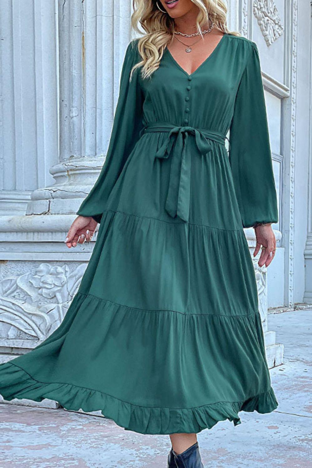 Buttoned V-Neck Puff Sleeve Tiered Dress - Flyclothing LLC