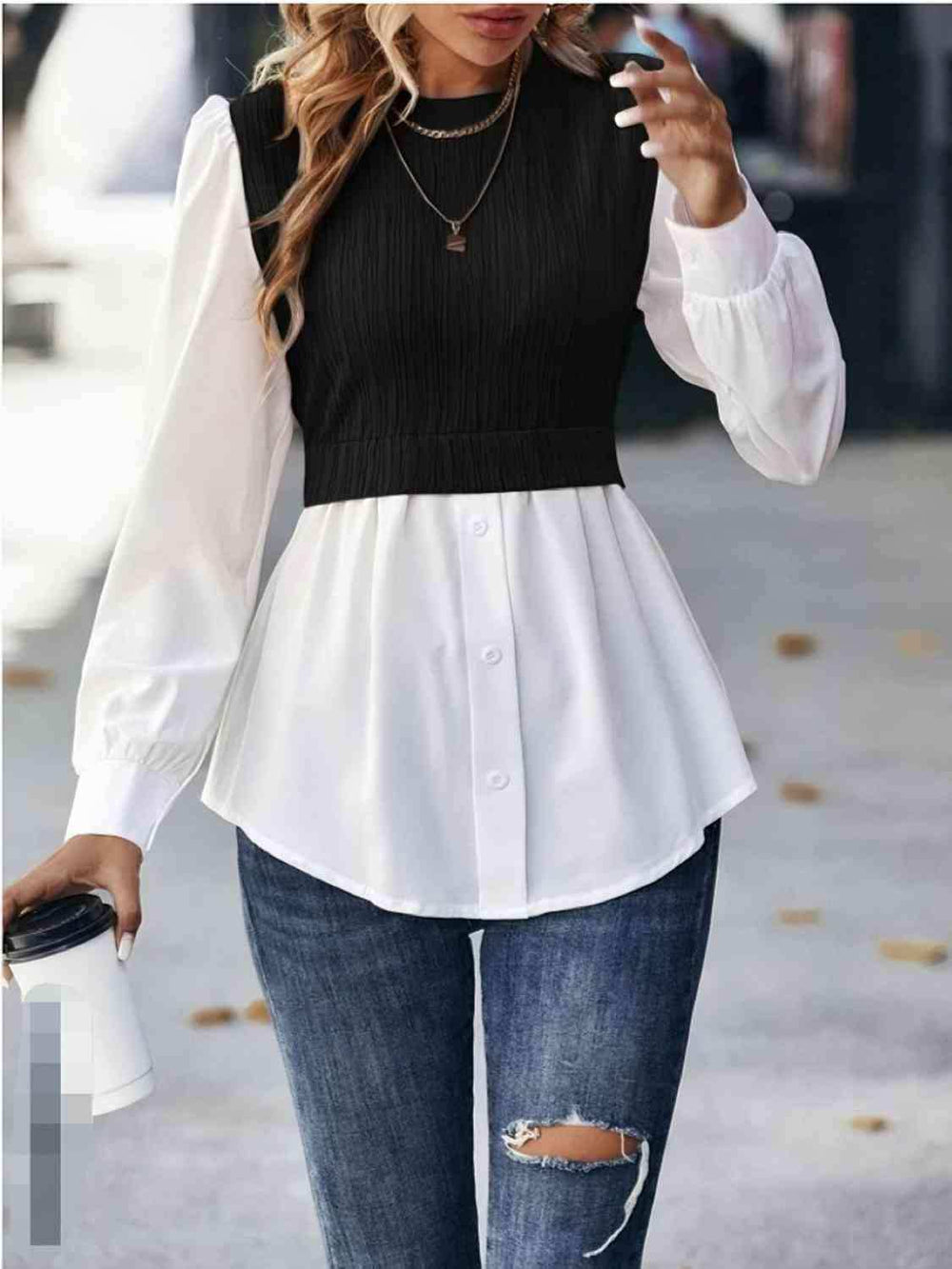 Contrast Round Neck Puff Sleeve Blouse - Trendsi - Flyclothing LLC