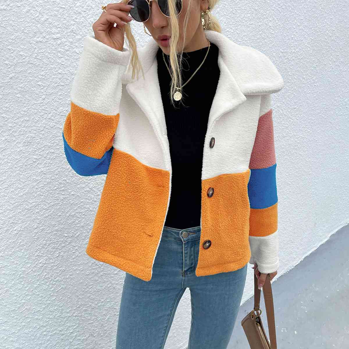 Color Block Button Down Collared Jacket - Trendsi - Flyclothing LLC