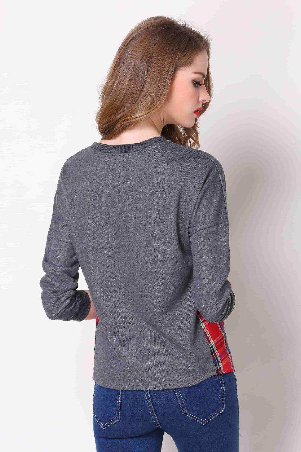 Full Size Plaid Patch Drop Shoulder Round Neck Top - Trendsi - Flyclothing LLC