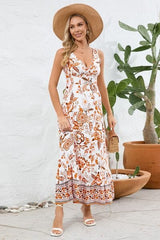 Printed V-Neck Wide Strap Dress - Trendsi